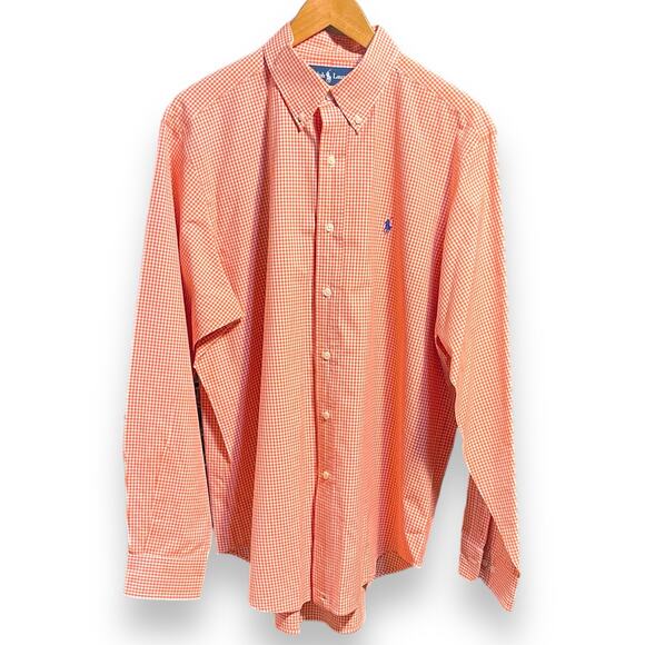 Ralph Lauren Blue Label Classic Fit Long Sleeve Orange White Check 16.5 Large - Picture 1 of 5